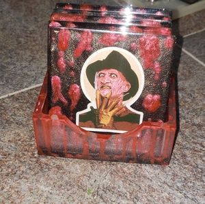 Freddy themed Coaster Set + Holder/Resin/Square/Horror/Fake Blood/5pc+holder